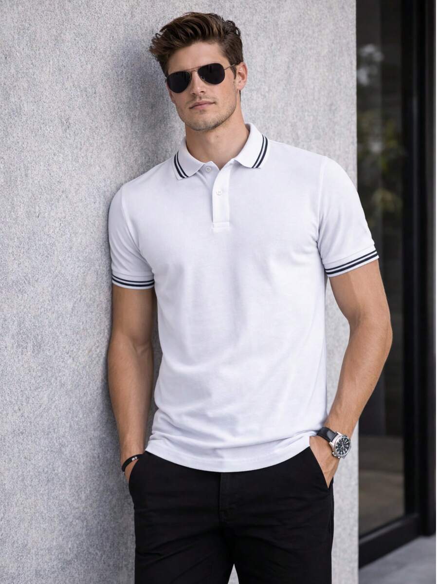 Men's POLO Shirt WITH STRIPED COLLAR Basic Elegant Premium Cotton Casual - trắng - Xem 1