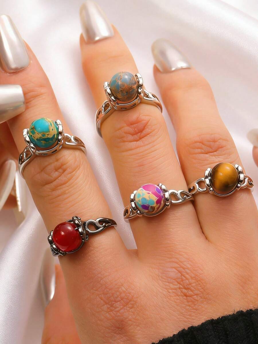 Planeta floral aleatorio, anillo de alivio del estrés retro creativo, anillo de cobre con cuentas de graffiti coloridas giratorias, anillo abierto para mujer, anillo de diseño giratorio de nicho de moda, accesorio de joyería versátil