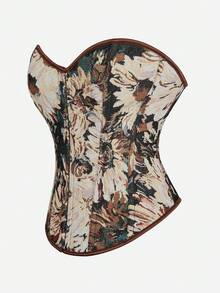 Vintage Oil Painting Jacquard Bandeau Crop Top, Heart Neckline Front Button Design, Fishbone Shaping Cinched Waist Sexy Blouse - Brown - View 4