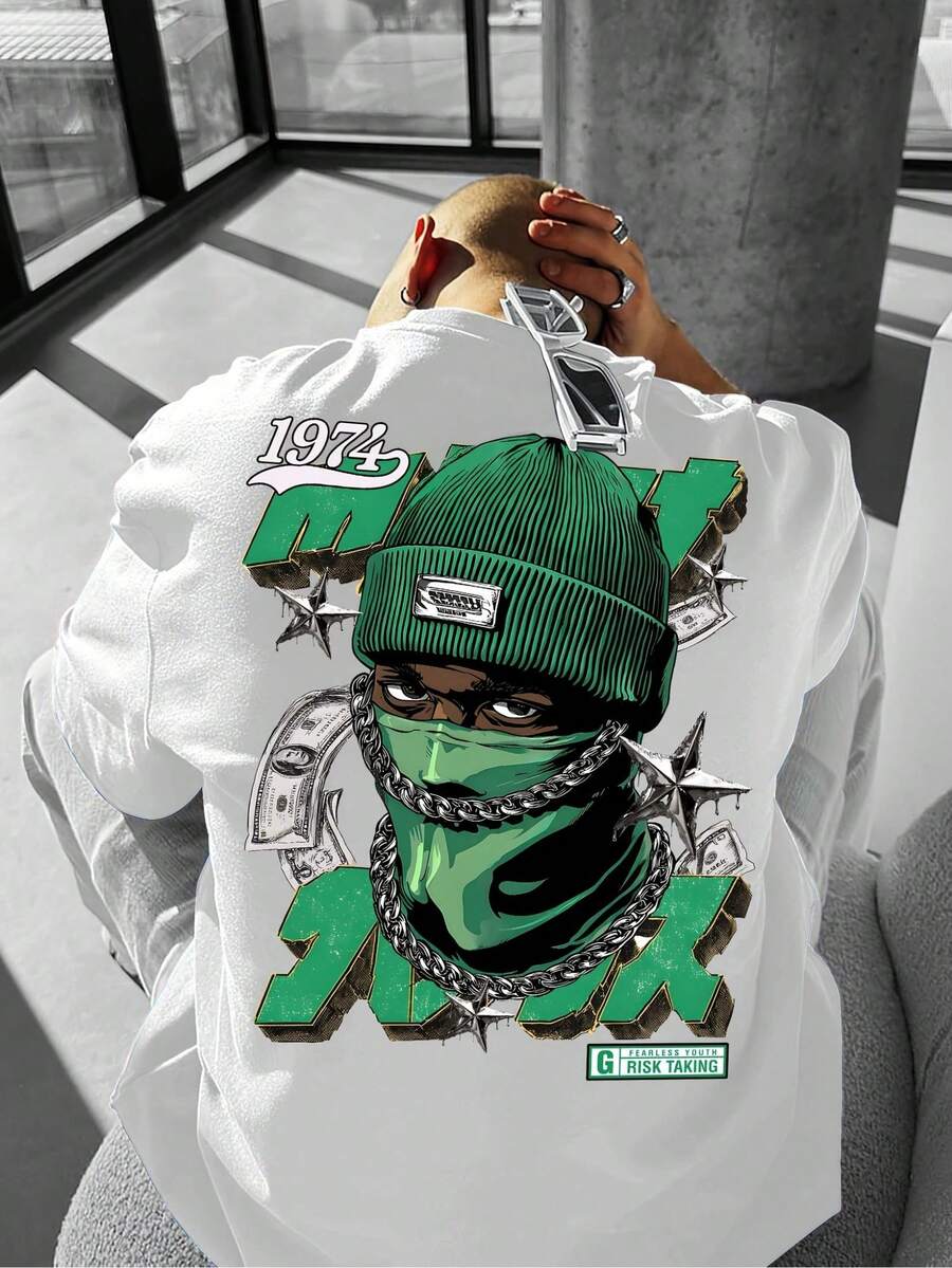 Camiseta Gráfica Urbana para Hombre - Camiseta Morado Lavanda con Figura con Capucha, Bolsas de Dinero y Cadenas - Ropa Urbana Hip-Hop para Conciertos, Fiestas - Camiseta Casual de Corte Holgado (Lavable a Máquina), Camiseta Hip-Hop, Atuendo para Fiestas, Diseño Atrevido, Ajuste Cómodo, Ropa para Conciertos, Estilo Urbano, Tela Transpirable, Camiseta Estampada, Jóvenes Adultos - Blanco - Ver 1