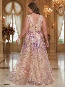 Romagic 曲线款无袖亮片长款连衣裙，V领露背系带A字优雅舞会礼服，春夏款 - 淡紫色 - 查看 2