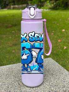 1pc 67 Lightning Graphic Plastic Water Bottle, Cute Print Design, 800ml/27oz Cartoon Solid Color Sports Water Bottle With Straw, Portable Handle, Durable Material, Perfect Birthday Or Valentine's Day Gift - Multicolor - View 5