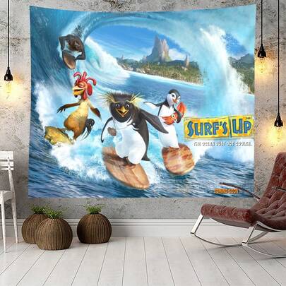 1 PC "Surf's Up" Movie Tapestry, Classic Cartoon Surfing Movie Poster Wall Decoration, Soft Printed Fabric, Suitable For Bedroom, Living Room, Dormitory And Other Home Decor.