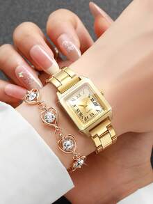 6件套女士礼品套装：方形罗马数字表盘石英表+心形水钻首饰套装（套装不含手表） - 金色 - 查看 3