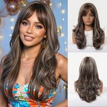 20 Inch Machine Made Long Curly Dark Brown Balayage Wavy Wig With Fringe, Voluminous Body Wave Adjustable Strap For Party Ready - Brown - View 13
