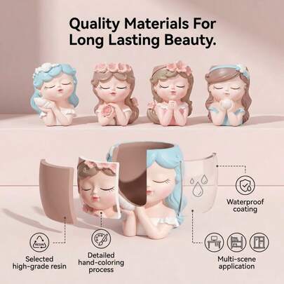 Sweet Dreams Girl Desktop Planter Set - Resin Succulent Pot For Desk/Bedroom, Creamy Aesthetic Home Decor, Multi-Functional Desktop Storage & Creative Gift