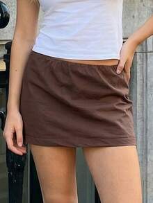 Women's Summer Mini Skirts Low Waist Solid Color Bodycon Skirt for Daily, Travel, Parties - marrón café - Ver 2