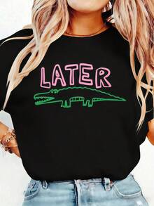 Women's Funny Later Gator T-Shirt - Sarcastic "Later" Crocodile Graphic Tee In White & Pink - Lightweight Everyday Shirt For Women - Machine Washable Casual Top, Allseason Apparel, Playful Graphic Shirt, Comfortable Fit ShirtBreathable All-Season Round Neck Printed T-Shirt - 黑色 - 查看 11