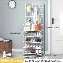 4/5 Tier Iron Clothing & Shoe Rack With 8 Hooks, Easy Assembly, Black/White - Multicolor - View 6