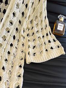 轻盈镂空大格纹长款针织开衫，宽松短袖休闲性感沙滩度假装，冰丝外套 - 杏色 - 查看 7