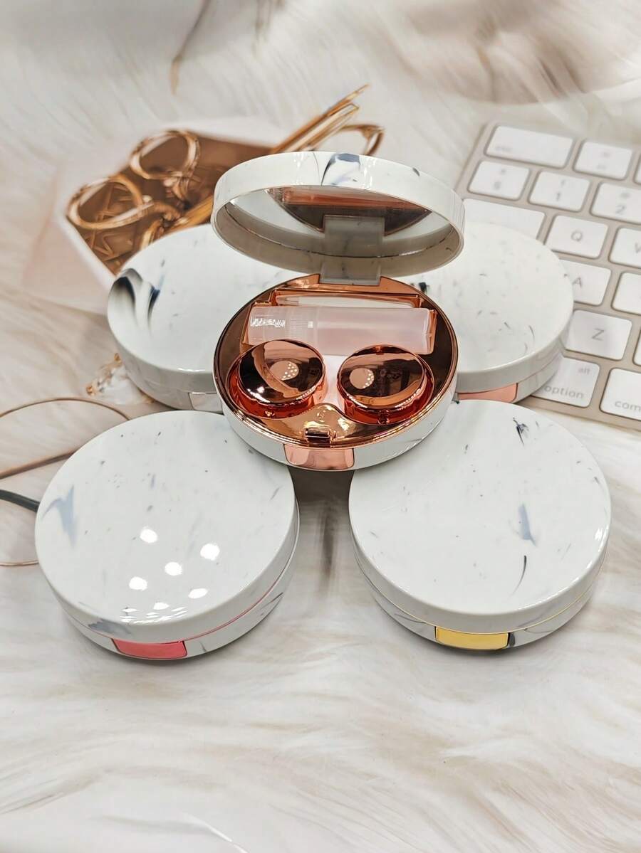 大理石纹便携式护理盒，带镜子，提供圆形和方形两种款式。便携式防漏隐形眼镜盒套装，带镜子和拆卸工具，适合旅行和居家使用，包含隐形眼镜浸泡收纳套装。