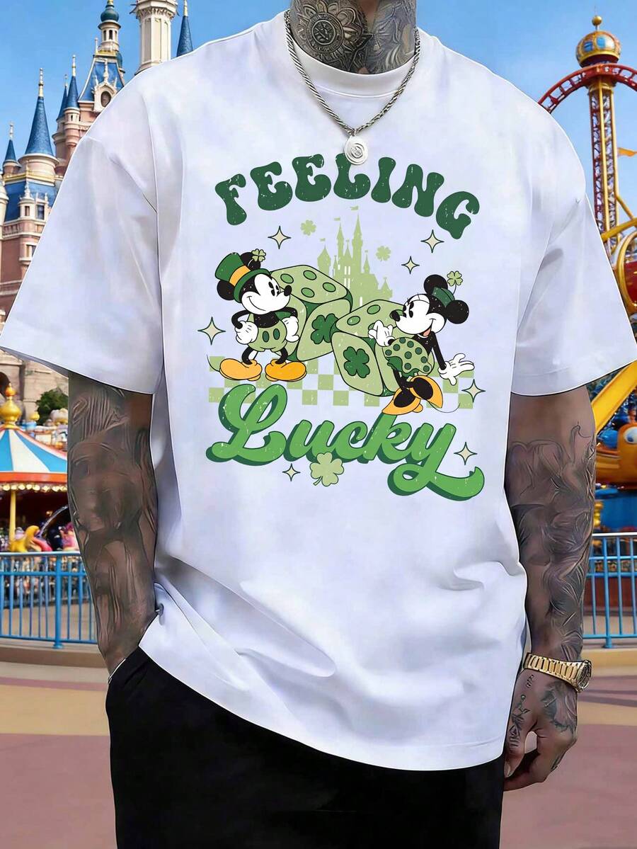 Disney Men's St. Patrick's Day T-Shirt With Mickey And Minnie Mouse Lucky Dice Castle Print. Unisex Crew Neck Short-Sleeved Top, Comfortable, Breathable, And Skin-Friendly Pure Cotton, Suitable For Holiday Outings, Vacations, And Everyday Commuting. - 白色 - 查看 1