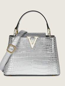 2026新款奢华女士手提包品牌包，鳄鱼纹压花高品质石纹托特包，时尚百搭单肩包，大容量托特包，复古休闲街头简约托特包，光泽高端斜挎包，2025新款优雅妈妈包，大容量鳄鱼纹压花包，酒红色枕形包 - 銀色 - 查看 4