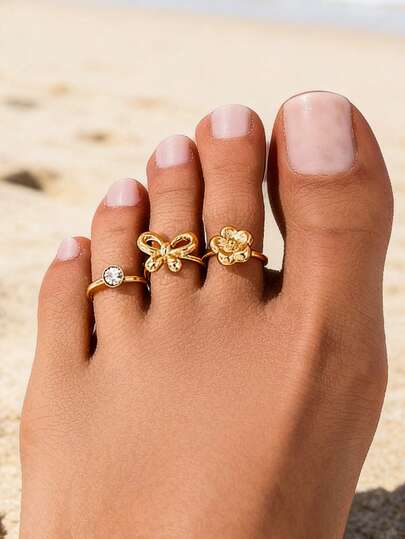 Set de 3 anillos para los dedos de los pies con diseño de línea geométrica, mariposa y flor de cristal falso, estilo clásico de vacaciones, adecuado para uso diario, fiesta, cita, playa, bikini, elegante y refinado para mujeres