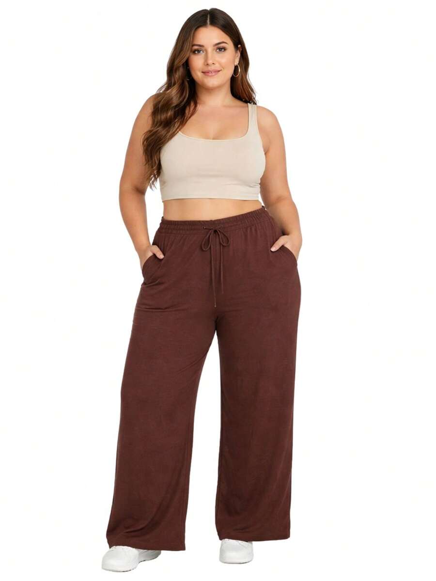 Women's Plus Size Boho Casual Wide-Leg Pants With Drawstring Pockets For Everyday Wear - Coffee Brown - View 1