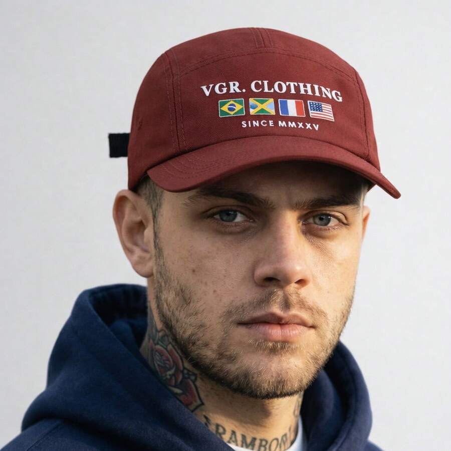 Premium Unisex Adjustable 5-Panel Embroidered Flat Brim Baseball Cap - Burgundy - View 1