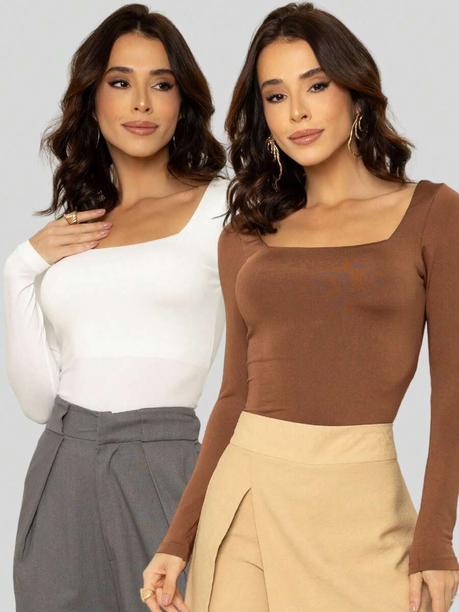 Kit 2 Blouse Long Sleeve Elegant Low-Cut Cold Second Skin - Trắng và Nâu - Xem 1