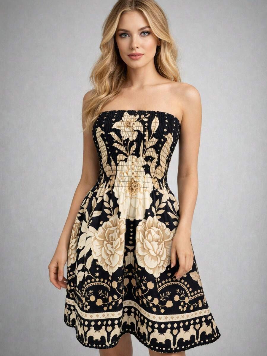 Women's Strapless Short Elastic Dress - Women's Fashion - 黑色和金色 - 查看 1