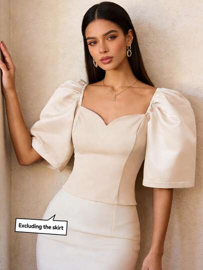 1pc Emilie Lively Modern Philippine Apparel Blouse, Solid Color Puff Sleeve Women's Short Sleeve Top, Suitable For Holidays, Weddings, School, Vacation, Office, Dates, Spring/Summer, Champagne Color