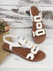 Sandálias rasas femininas com fivela elástica, sandálias gladiadoras, verão, cor sólida, estilo boémio, couro PU, fivela com rebites, sandálias rasas para praia, casamento, festa - Branco - Ver 2