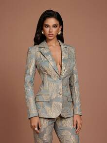 Elegant kostymset med slag, knappar framtill och vanliga ärmar för kvinnor, bladguldsbroderi, icke-elastiskt tyg, för kvällsevenemang - Babyblå - Visa 3