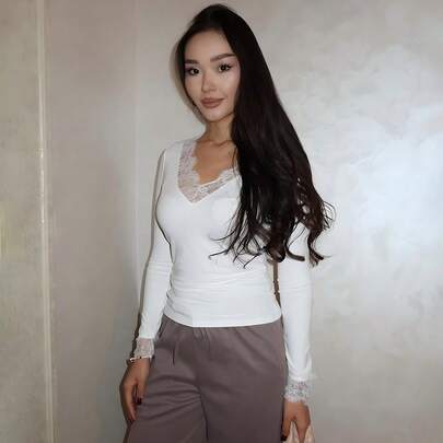 Autumn New Lace Trim V-Neck Long Sleeve Fitted Tee, Sexy Style Spring