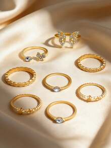 波西米亚复古全钻叠戴戒指套装，女士珠宝，订婚、结婚和情人节礼物 - 蝴蝶型 - 查看 7