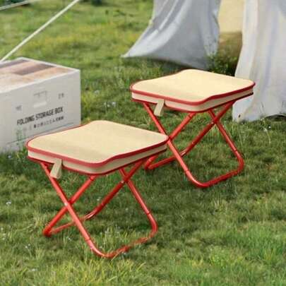 Portable Outdoor Camping Folding Chair, Multi-Functional Stool With Pen Bag, Foldable Mini Fishing Stool, Small Stool. This Folding Stool Stands Out With Its Luxurious Beige And Red Color Scheme, Where The Classic Warm Tones And Bright Accents Are Perfectly Blended.