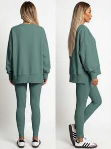 Women's 2 Piece Loungewear Set - Soft Ribbed Oversized Sweatshirt & High Waist Leggings-Ultra Soft Pajama Set For Women  - Casual Tracksuit For Airport Outfit & Lounging-Cozy Matching Outfit For Travel Yoga Home - 綠色 - 查看 2