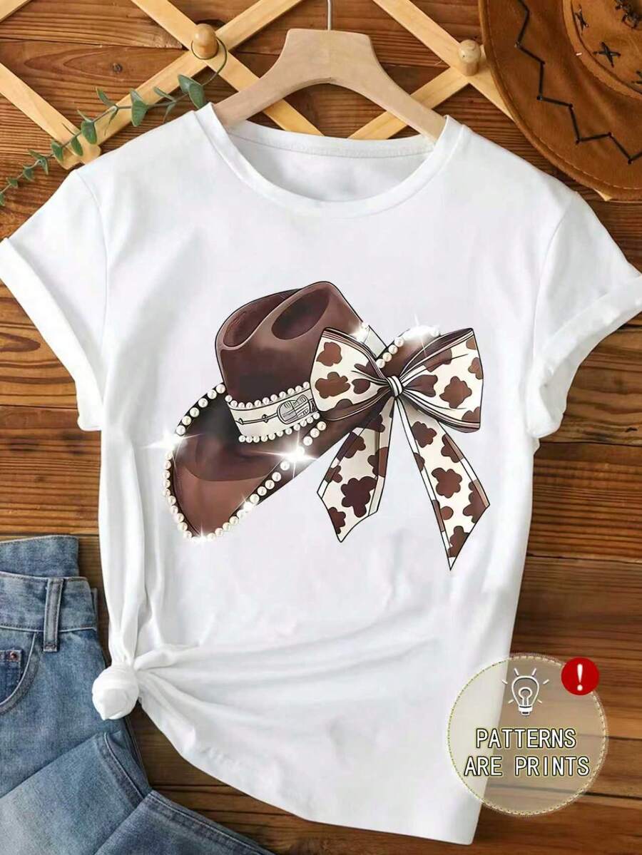 Tricou grafic în stil western pentru femei, mărime mare, cu mânecă scurtă, guler rotund, imprimeu de vacă, fundă și design de pălărie de cowboy, casual, alb, vară - alb - Vizualizare 1