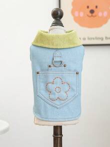PETCIRCLE 1 bộ quần áo cho thú cưng, kiểu dáng Châu Âu & Mỹ, phù hợp cho chó nhỏ và chó con, áo khoác ngoài có túi họa tiết hoa dễ thương, thoải mái và thời trang. - Màu xanh lam - Xem 3