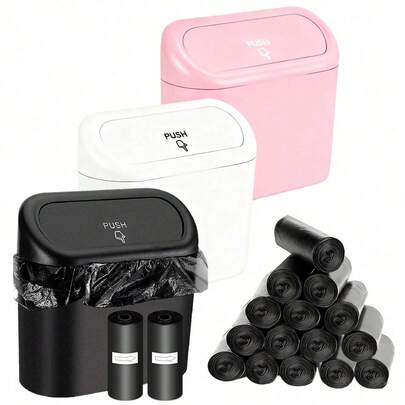 1pc Car Trash Can With Lid - Universal Car Mini Leak-Proof Garbage Can With 30pcs Trash Bags, Car Seat Storage Box Organizer For Car, Office, Bedroom (Black)