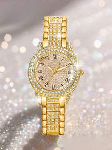 女士手表套装，时尚优雅的圆形石英表，饰有水钻，搭配同款手链，适合日常佩戴，生日礼物套装（不含礼盒） - 金色 - 查看 7