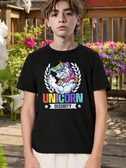 Kids' Unicorn Security Muscle Tee Funny Cartoon Graphic T-Shirt Cool Gift For Unicorn Lovers Black Cotton Top For Boys Girls Back To School Everyday Wear Teen T-Shirt Size 4Y-13Y, S-XXXL, Kids Clothes Boys, Kids Girls Clothing, Men Clothes, Tops For Women, Gift Idea For Anime Lovers, Unisex Graphic Casual T Shirt For St. Patrick's Day And Father's Day, Mother's Day, For Men And Women Game Day Family Couple Outfit, Can Be Matched With Parent-Child Outfits