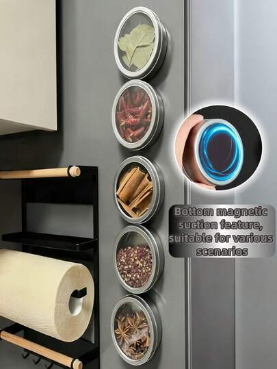 1 pieza/3 piezas/6 piezas Juego de frascos de especias magnéticos montados en la pared, contenedores de condimentos esenciales para la cocina, adecuados para estantería magnética de especias para autocaravana y barbacoa, recipientes de almacenamiento de especias
