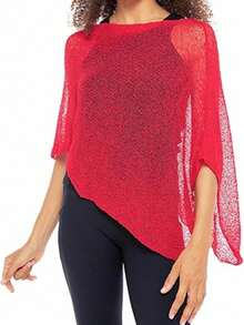 Women Sheer Mesh Poncho Top Crochet Knit Lightweight See Through Shawl Wrap Summer Oversized Loose Shrug Beachwear Swimsuit Bikini Cover Ups - 紅色 - 查看 8