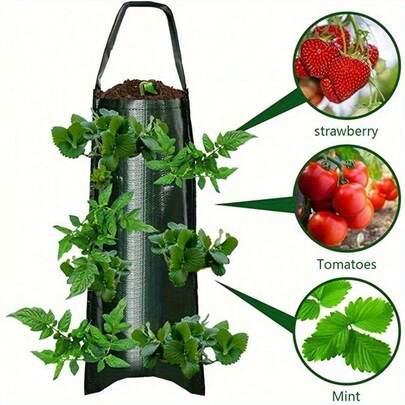 8-Pocket Hanging Strawberry Planter Bags - Durable PE Material, No Electricity Needed, Perfect For Indoor & Outdoor Gardening, Green With Realistic Strawberry & Leaf Design, Strawberry Cultivation | Casual Hanging Pots | Multiplant Organizer