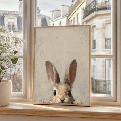 لوحة جدارية فنية مطبوعة بدون إطار بتصميم أرنب مختبئ بأسلوب كوتاجكور للربيع، ديكور منزلي ريفي هادئ بألوان محايدة، لوحة فنية ريفية جميلة للمنزل أو الشقة أو غرفة المعيشة أو النوم أو المكتب المنزلي أو الحفلات، لوحة جدارية مثالية كهدية