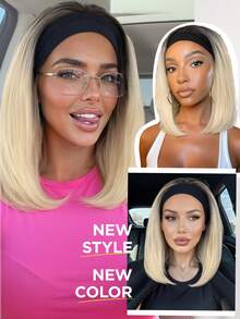 Ombre Gold Straight Wig Headband, Short Straight Headband Wig Without Glue, Natural Looking Synthetic Fiber Wig With Headband Design, Wear And Go - Blonde Ombre - View 6