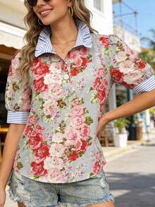 Women's Casual Striped Colorblock Floral V-Neck Button Petal Sleeve Short Sleeve Blouse, Spring/Summer Vacation - Multicolor - View 7