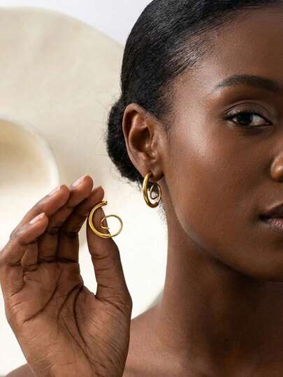 螺旋双环扭曲耳环，不锈钢镀金，保色，高端扭曲耳饰