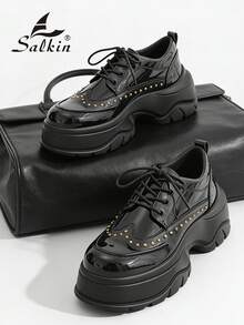 Salkin 男士设计师前卫黑色朋克风厚底系带鞋，4.5厘米增高，亮面漆皮休闲鞋，铆钉装饰，日常穿着，牛津经典学院风德比鞋，舒适商务休闲工作鞋，男士正装/商务正装婚礼配饰 - 黑色 - 查看 8