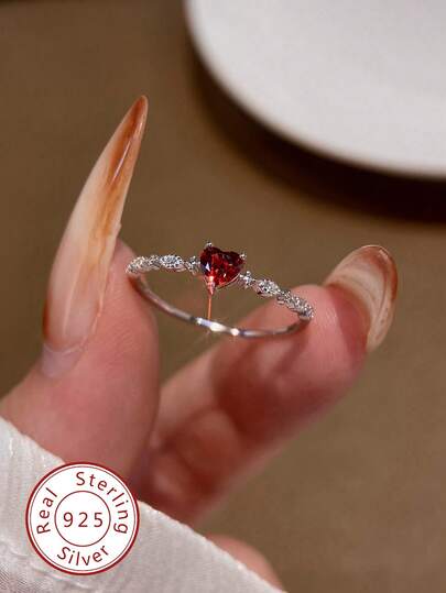 1 pieza Anillo de plata S925 con gema en forma de corazón, casual y lindo, adecuado para uso diario, fiestas, regalo del Día de San Valentín