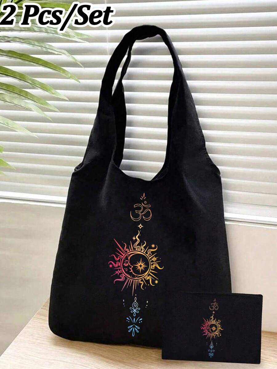 波西米亚风日月“唵”字印花手提袋，简约大容量单肩包，带便携化妆包。休闲收纳袋，多功能购物袋，独特礼品袋 - 彩色 - 查看 1