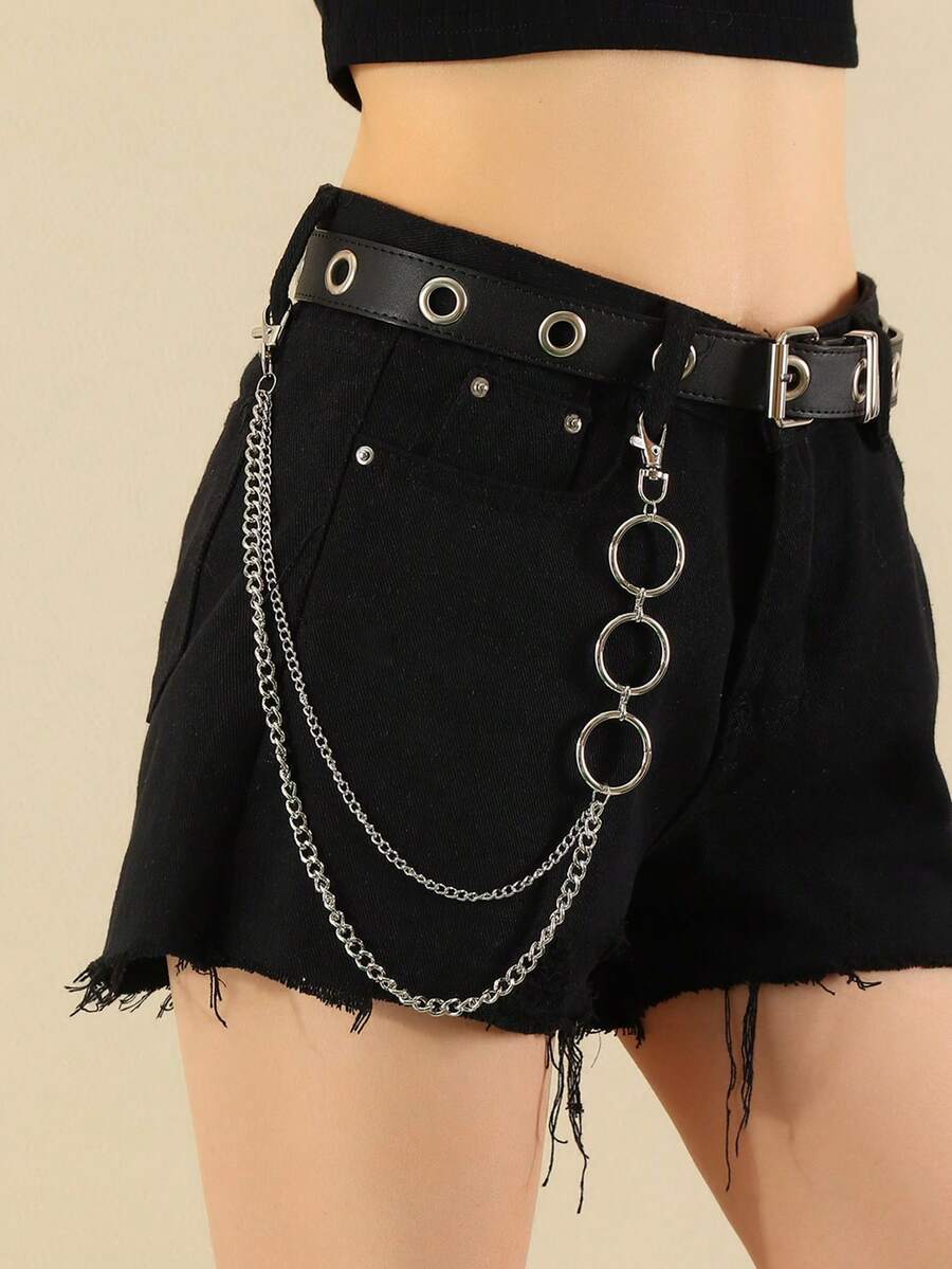 1 pieza Cadena geométrica de pantalón de estilo callejero europeo y americano de moda, multicapa, unisex - Plateado - Ver 1