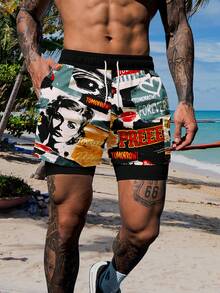 Pantalones cortos de playa de doble capa con estampado de cartel retro para hombres - Multicolor - Ver 1
