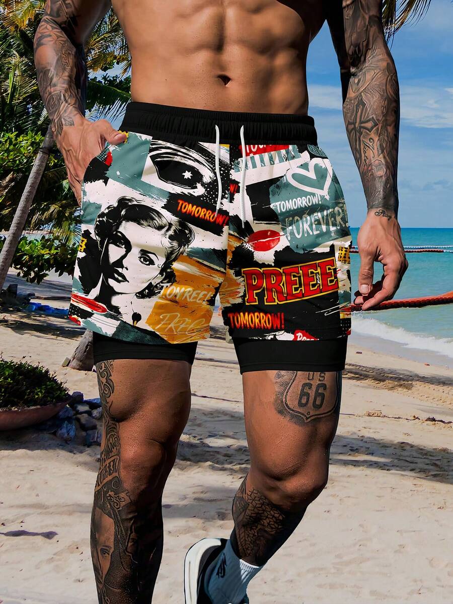 Pantalones cortos de playa de doble capa con estampado de cartel retro para hombres - Multicolor - Ver 1