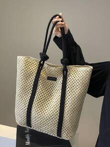 INS Hollow Paper Rope Large Capacity Woven Bag, One Shoulder Straw Bag, Handbag, Commuter Tote Bag, Beach Bag, Portable - Beige - View 4