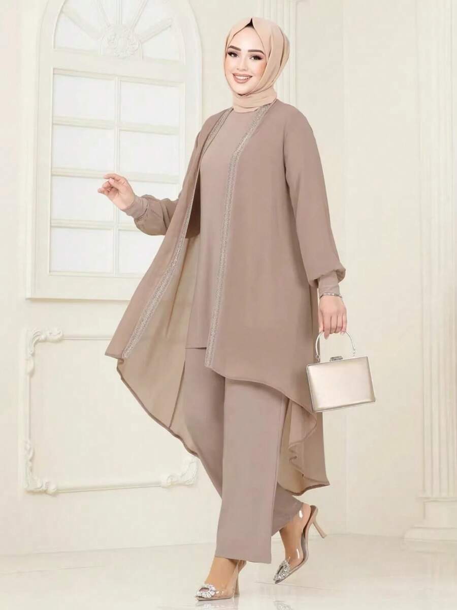 3 PiecesMinimalist Arab Style Women Set, Solid Color Jacket, Top And Pants