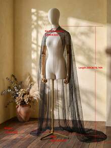 黑色串珠新娘披肩斗篷珍珠婚礼披肩斗篷新娘披肩串珠上衣婚礼披肩配饰 - 黑色 - 查看 6